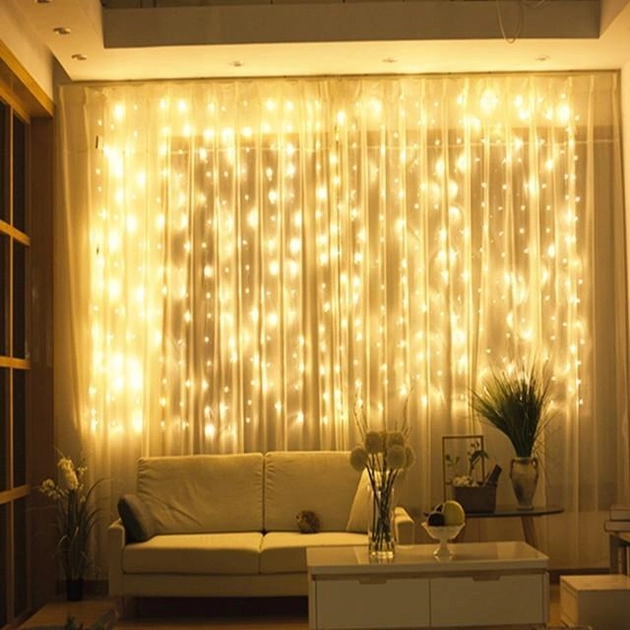 Гірлянда Водоспад USB штора 3х2м, білий теплий, 200 LED + пульт