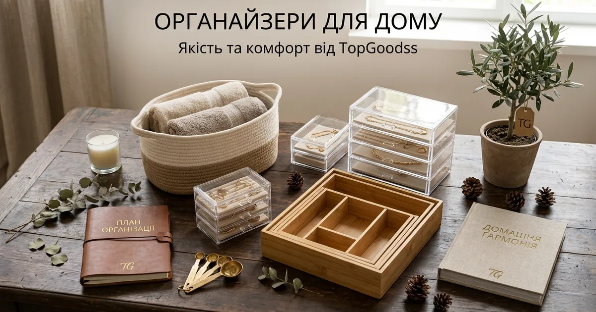 Плетений кошик, акрилові органайзери для прикрас і бамбуковий органайзер для шухляди — органайзери для дому