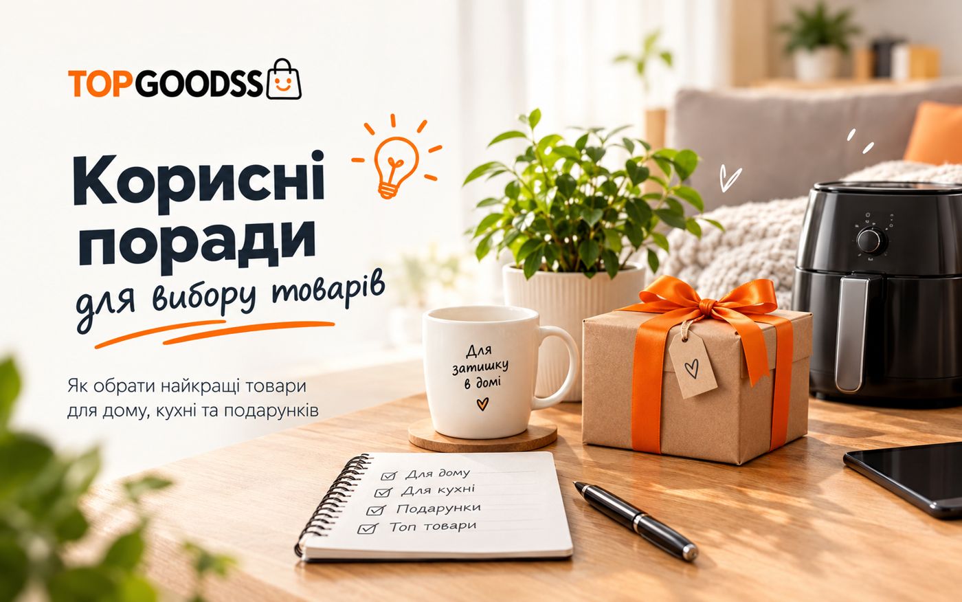 Поради з вибору товарів для дому: блокнот зі списком, подарунок і чашка на столі