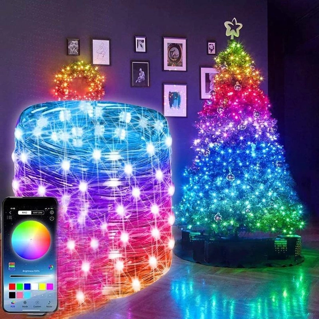 Світлодіодна розумна гірлянда Smart Роса RGB 100 LED з Bluetooth для ялинки від USB 10м